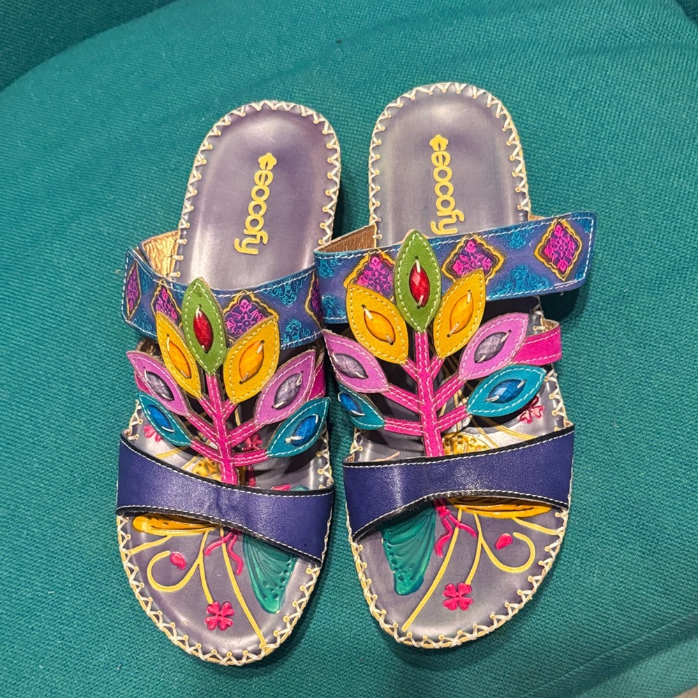 Colorful and  Vibrant tree-patterned  leather Women's Sandals. Like new